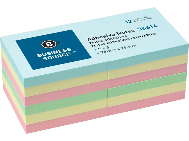Twelve pads of 3x3 inch pastel sticky notes in assorted colours