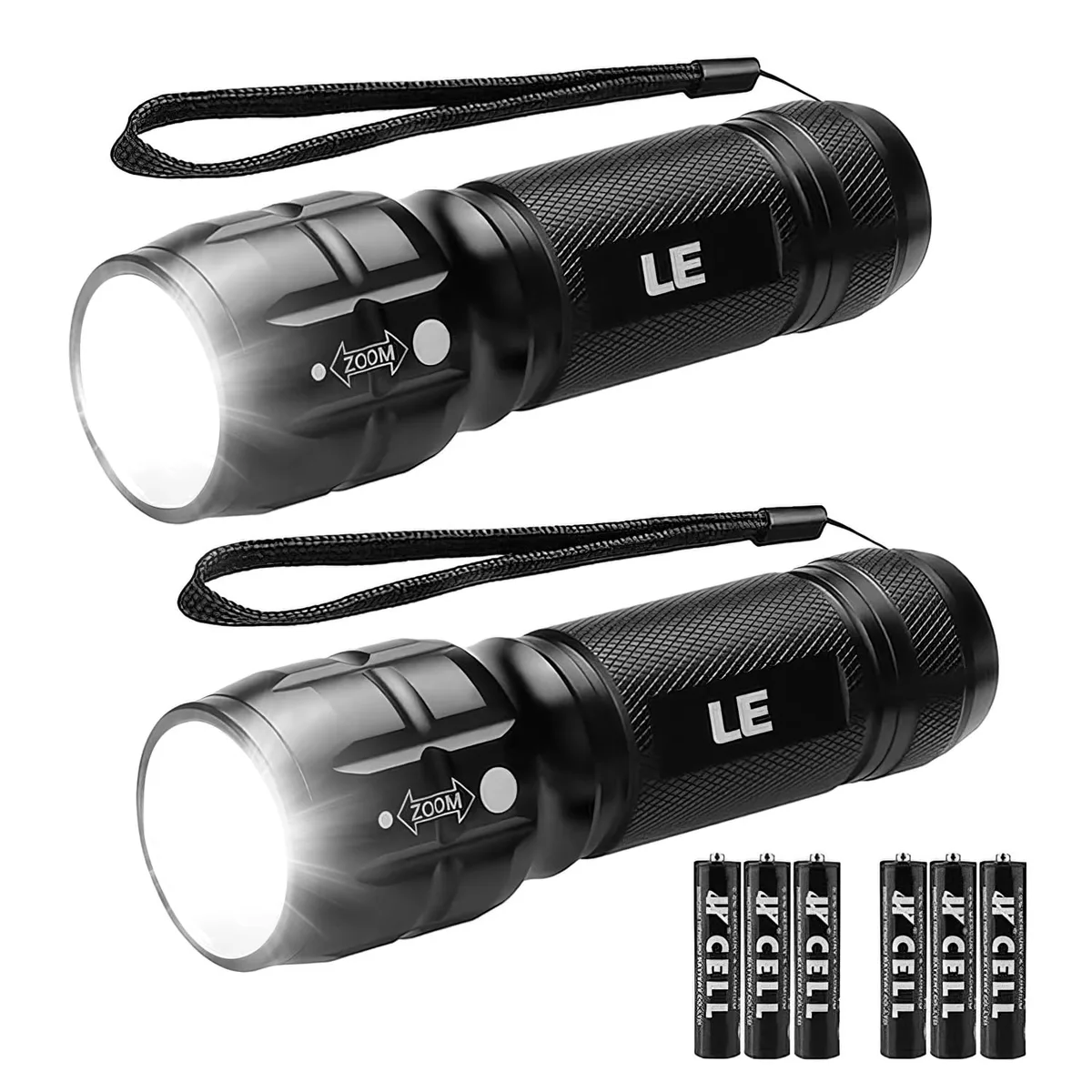 Two compact aluminium flashlights with zoomable heads, matte finish, AAA batteries included