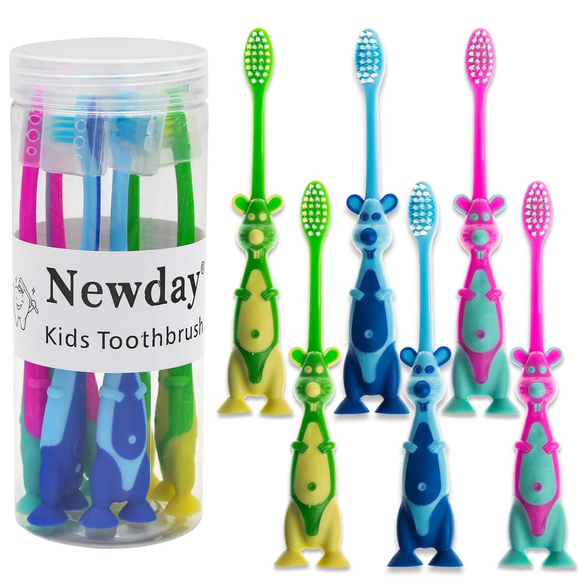 Six white kids toothbrushes with animal designs suction cups and travel caps