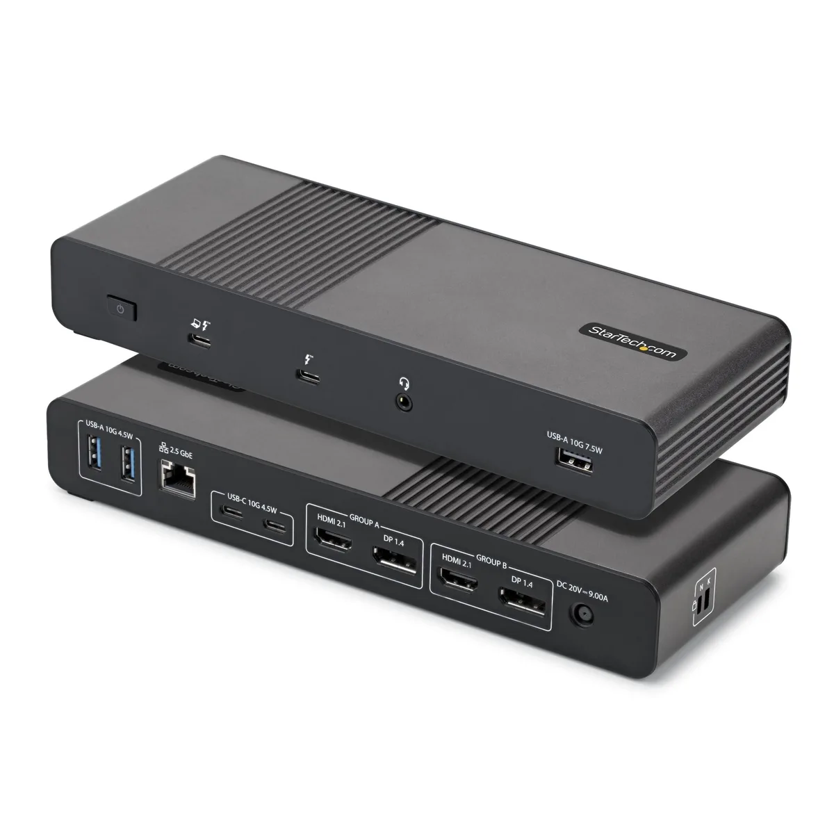 Compact silver docking station with multiple ports on front and rear
