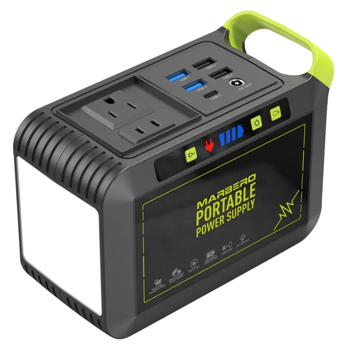 Compact green portable power station with carry handle and multiple output ports
