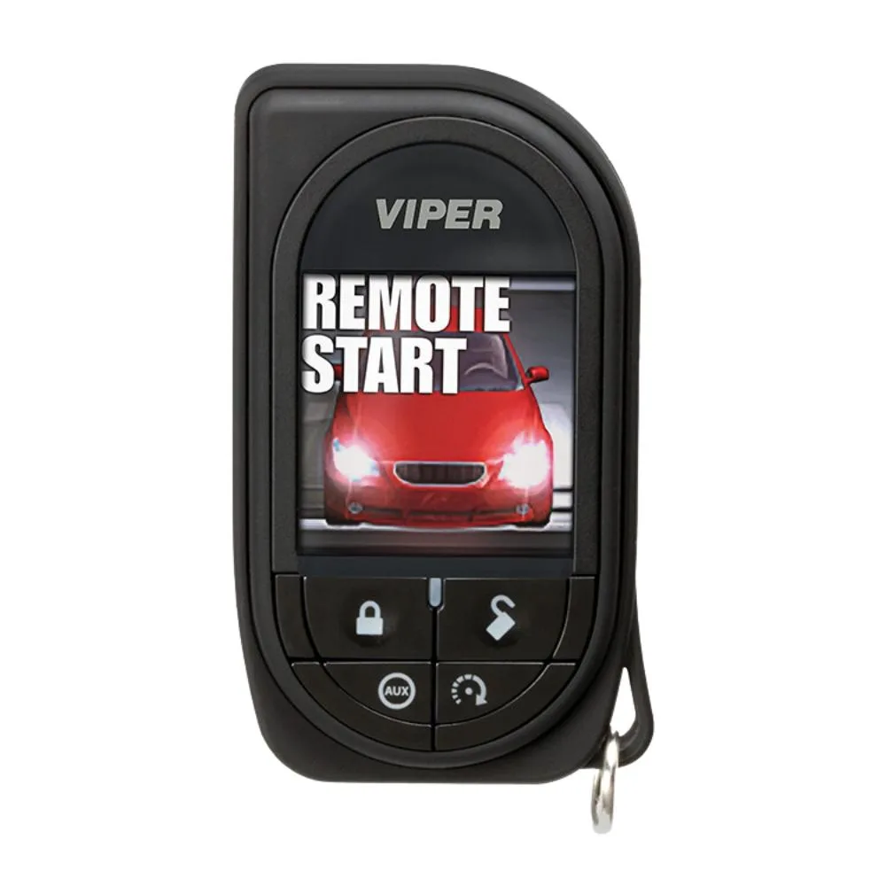 Black rectangular 2-way OLED remote with five buttons and a colour display