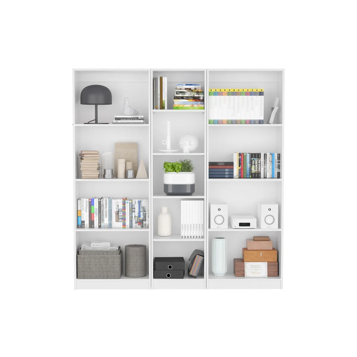 Three tall white bookcases, two wider and one narrow, standing side by side
