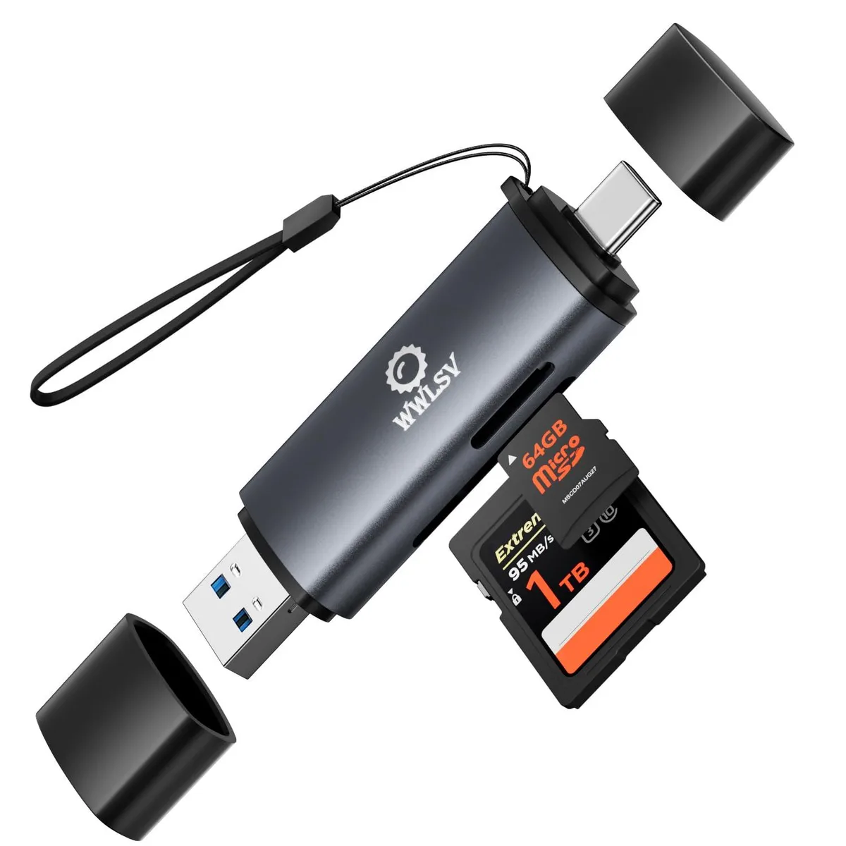 Small rectangular USB-C card reader with dual slots for SD and microSD cards