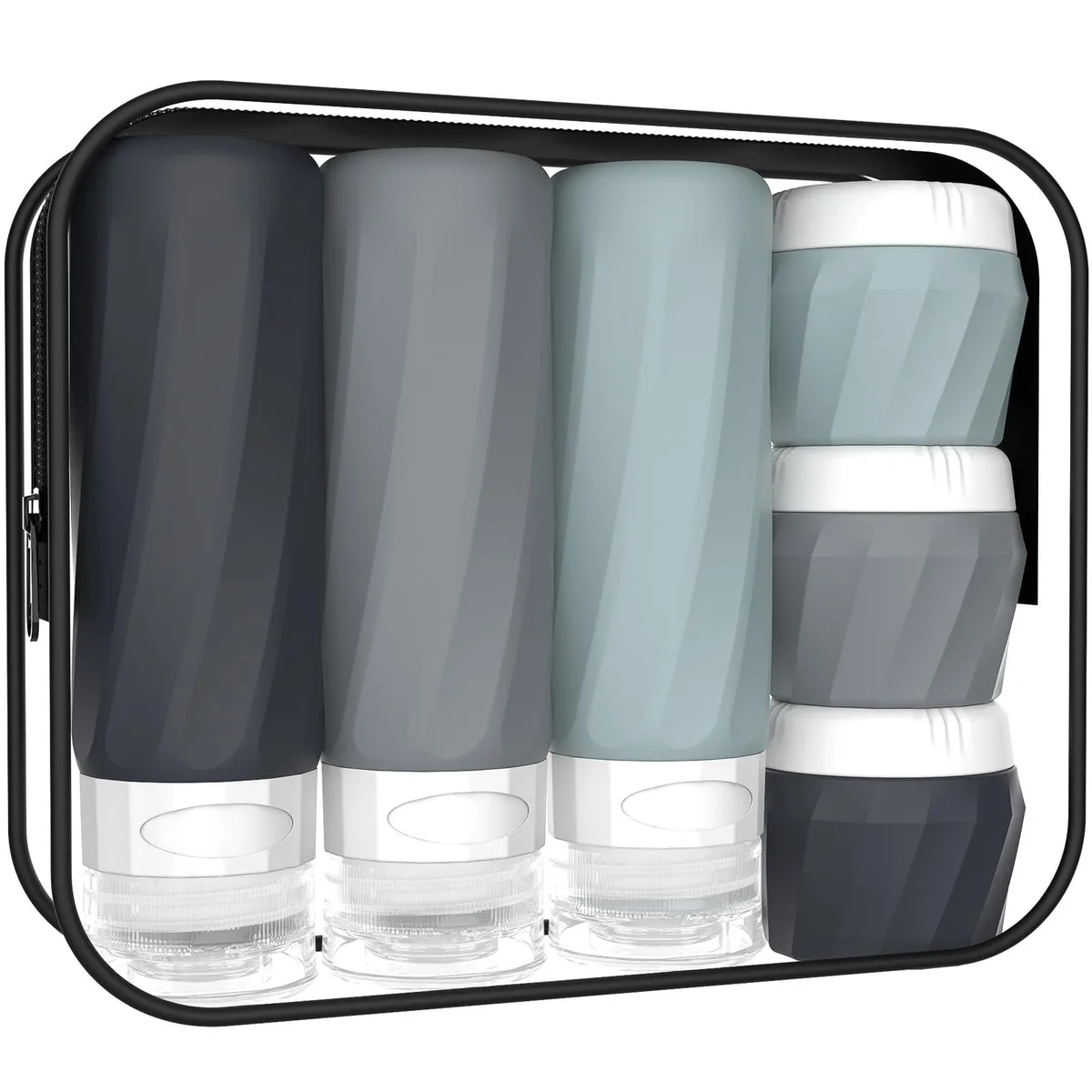 Six-piece grey silicone travel bottle and jar set with spoons, label and zip bag