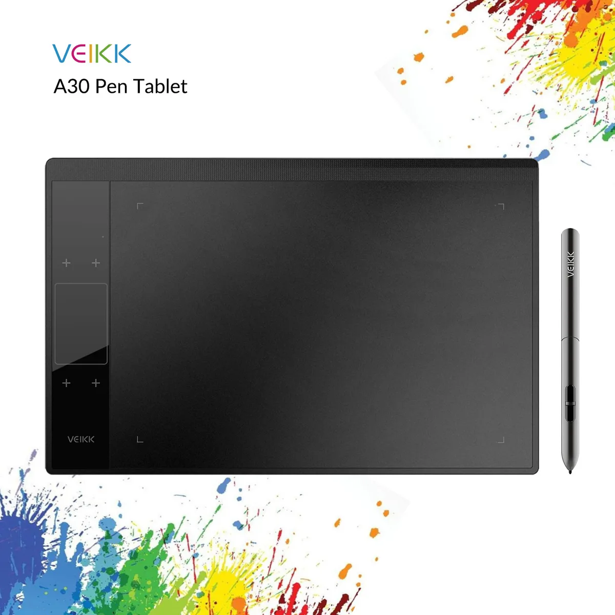 Black rectangular graphics tablet with smooth dark surface, slim profile, and compact active drawing area