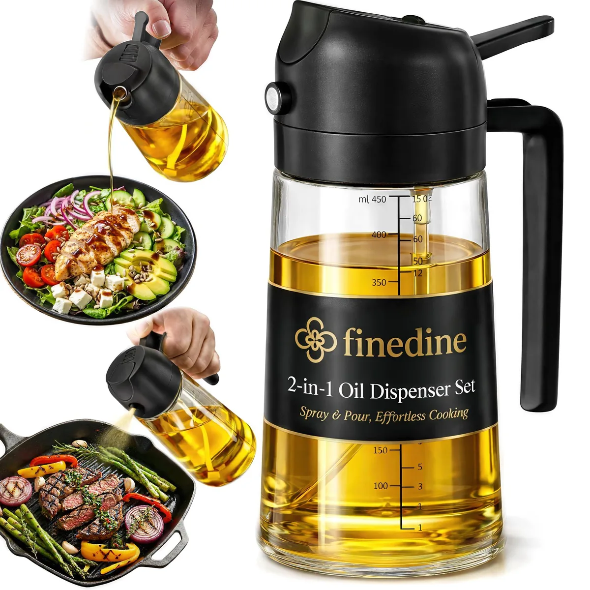 Black 16 oz glass oil sprayer with dual mist and stream nozzle