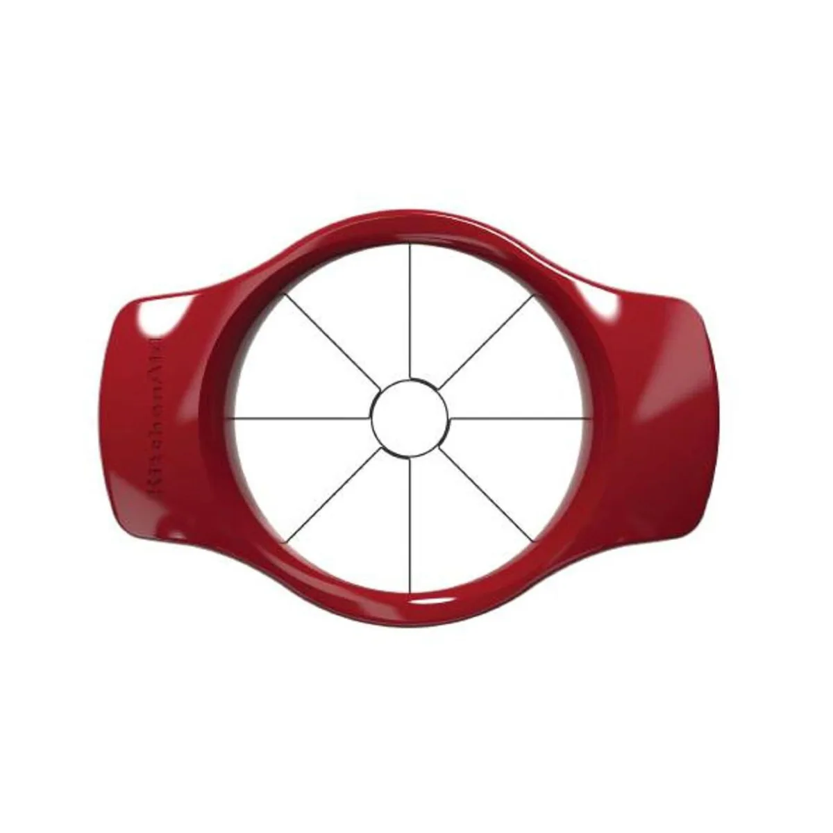 Red plastic fruit slicer with stainless steel blades and ergonomic handles