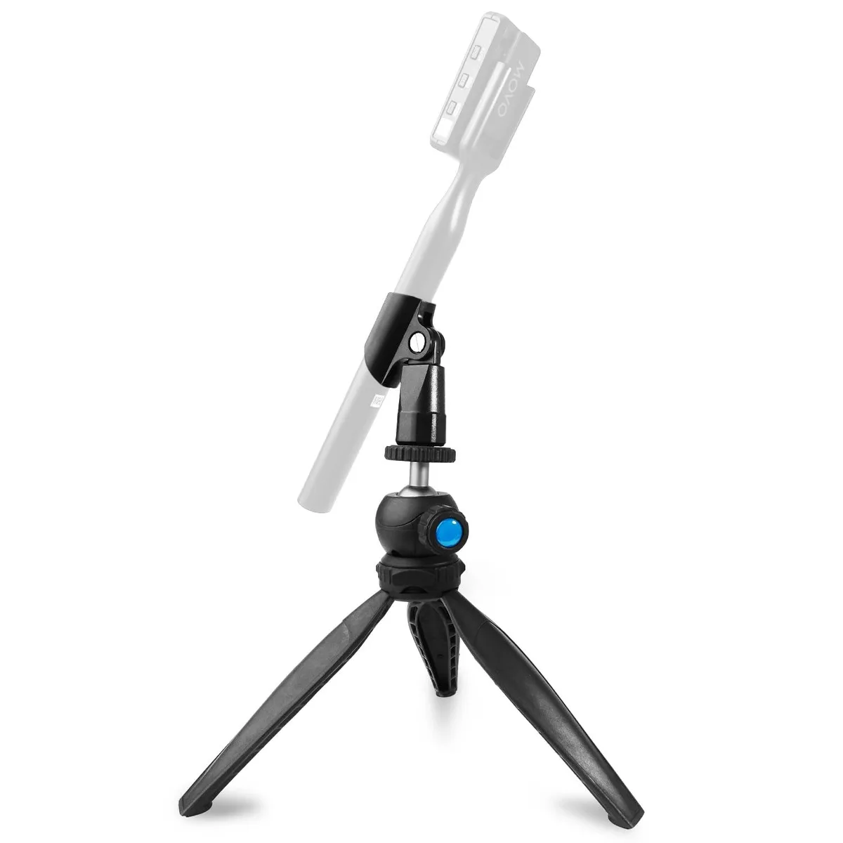 Small black tabletop tripod microphone stand, twelve inches tall, collapsible legs, adjustable ball head