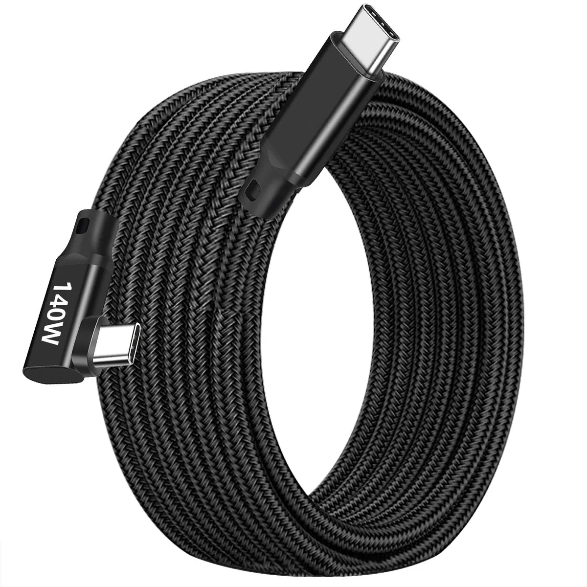 Black nylon-braided USB-C to right-angle USB-C cable, 15 ft long, aluminium connectors