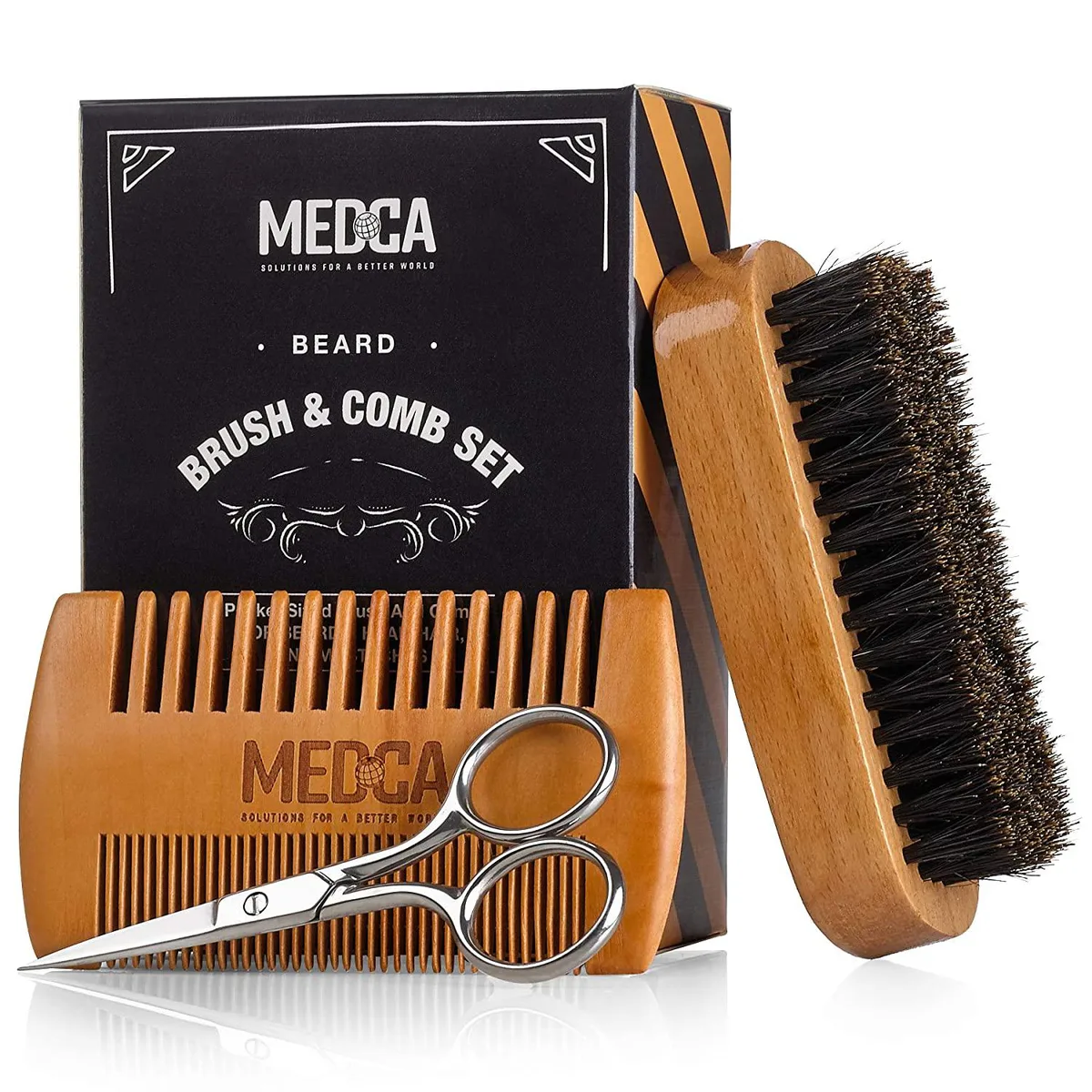 A wooden beard brush with natural bristles and a double-sided beechwood comb