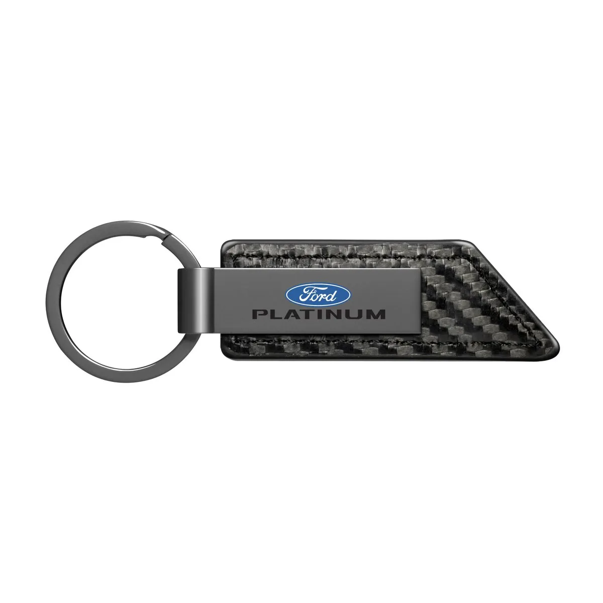 Ford Platinum key chain with gunmetal strip, black PU leather carbon-fibre texture, flat split ring