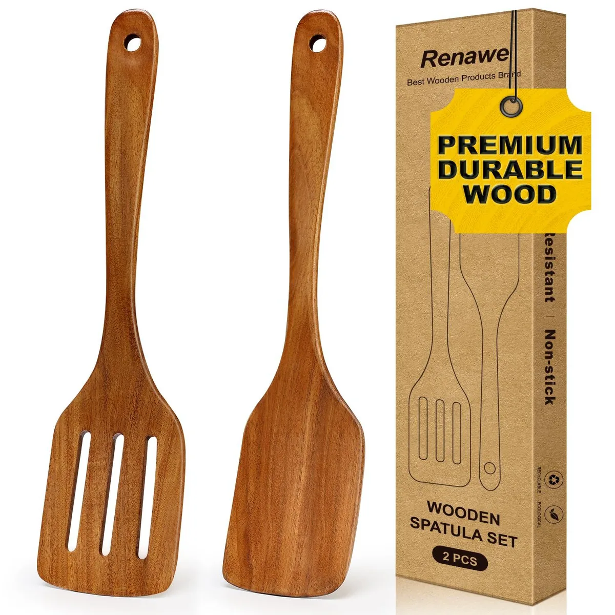 Two acacia wood spatulas, flat and slotted, 12.3 in long, warm honey finish, hanging hole at handle end