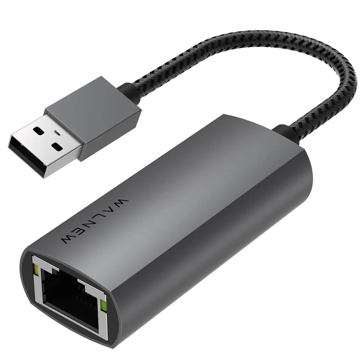Small grey USB-A to RJ45 adapter with braided cable, aluminium shell, two indicator lights, 40 grams