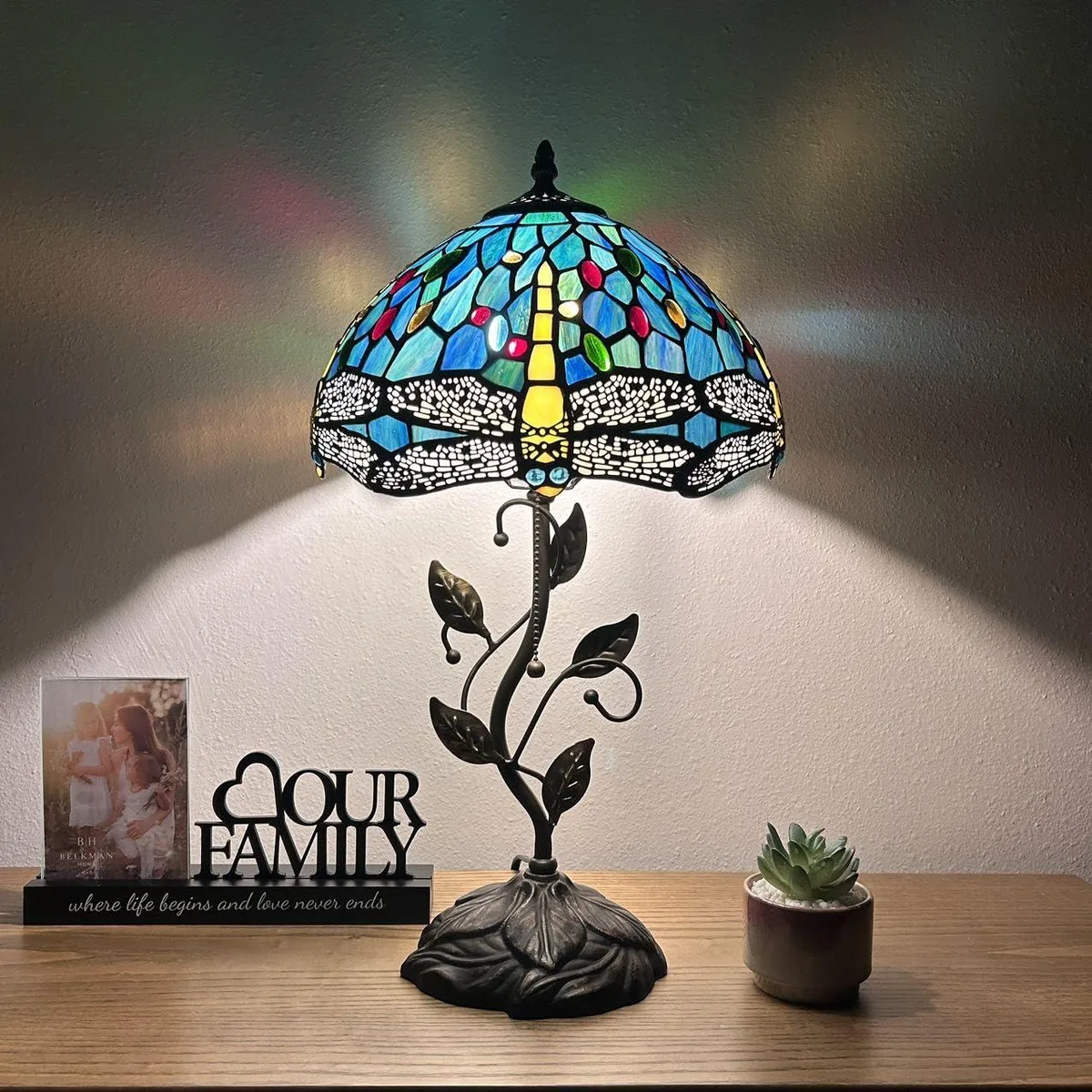 XIN CHENG TIFFANY LIGHTING XIN CHENG TIFFANY LIGHTING Tiffany Style Table Lamp Green Blue Stained Glass Dragonfly Base 12"W*22"H — product photo