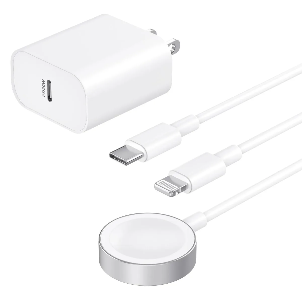 White 2-in-1 USB-C cable with magnetic Apple Watch puck and Lightning tip plus 20W wall adapter