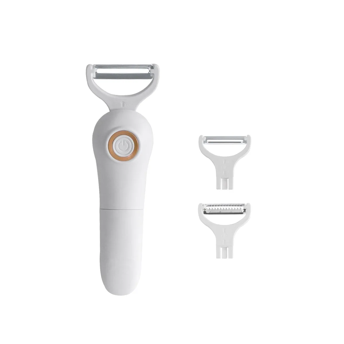 White electric peeler with two stainless steel blades, battery powered