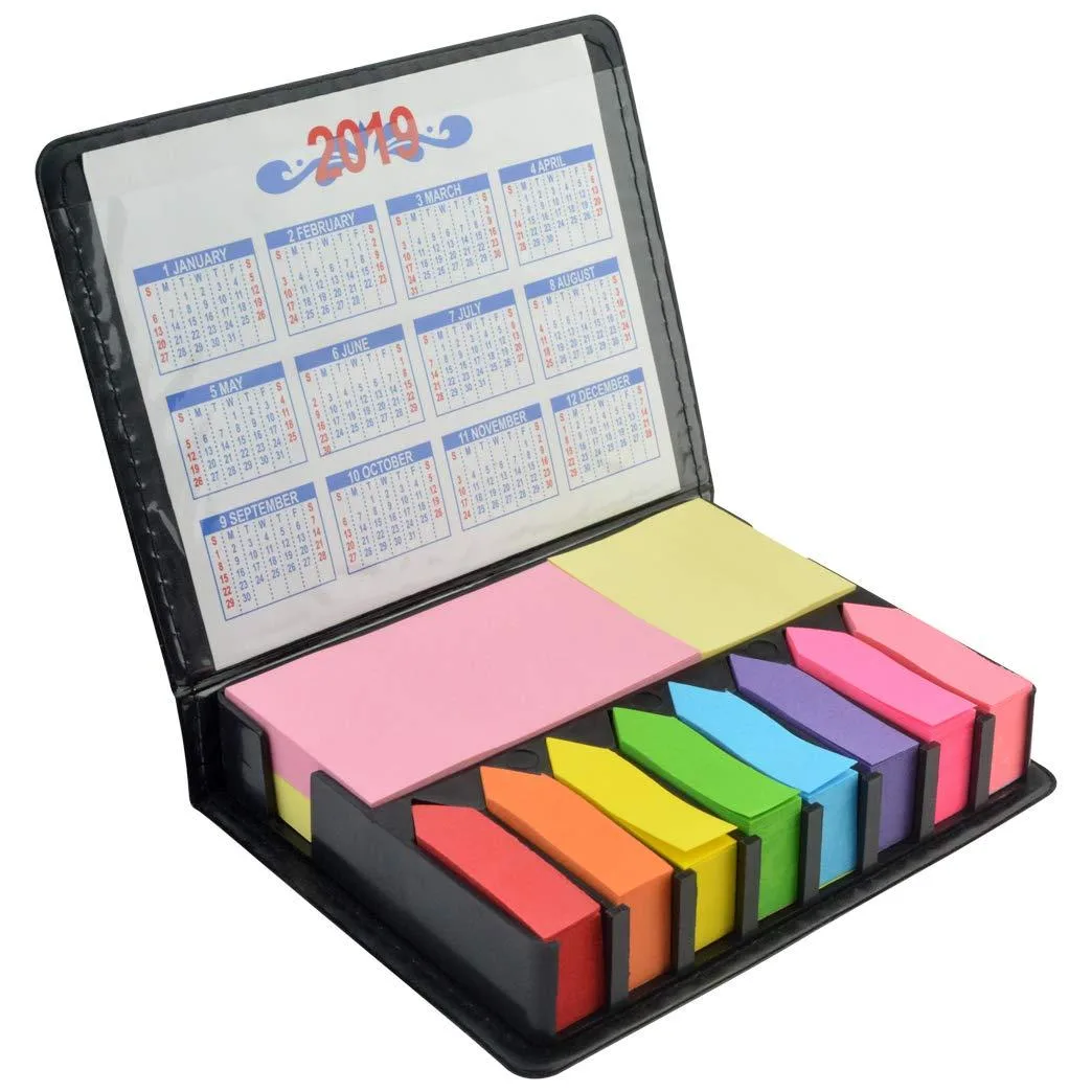 A PU leather box holding 2000 fluorescent sticky tabs in 11 colours and 3 shapes