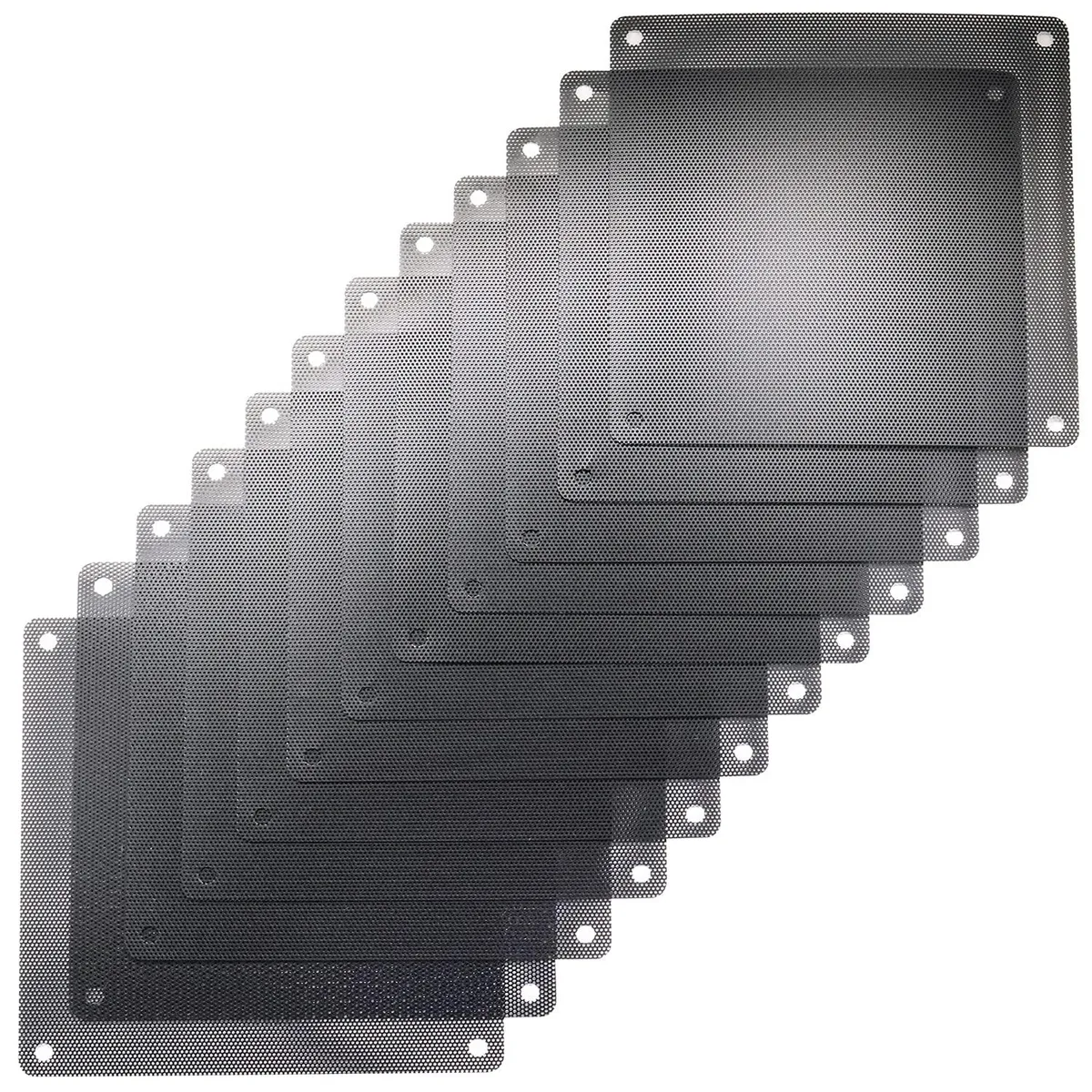 Twelve black PVC square mesh filters, 140mm each, flat with fine grid pattern