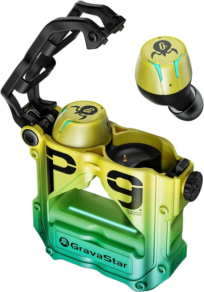 Neon green in-ear buds with angular zinc-alloy charging case, laser-etched touch panel and physical button