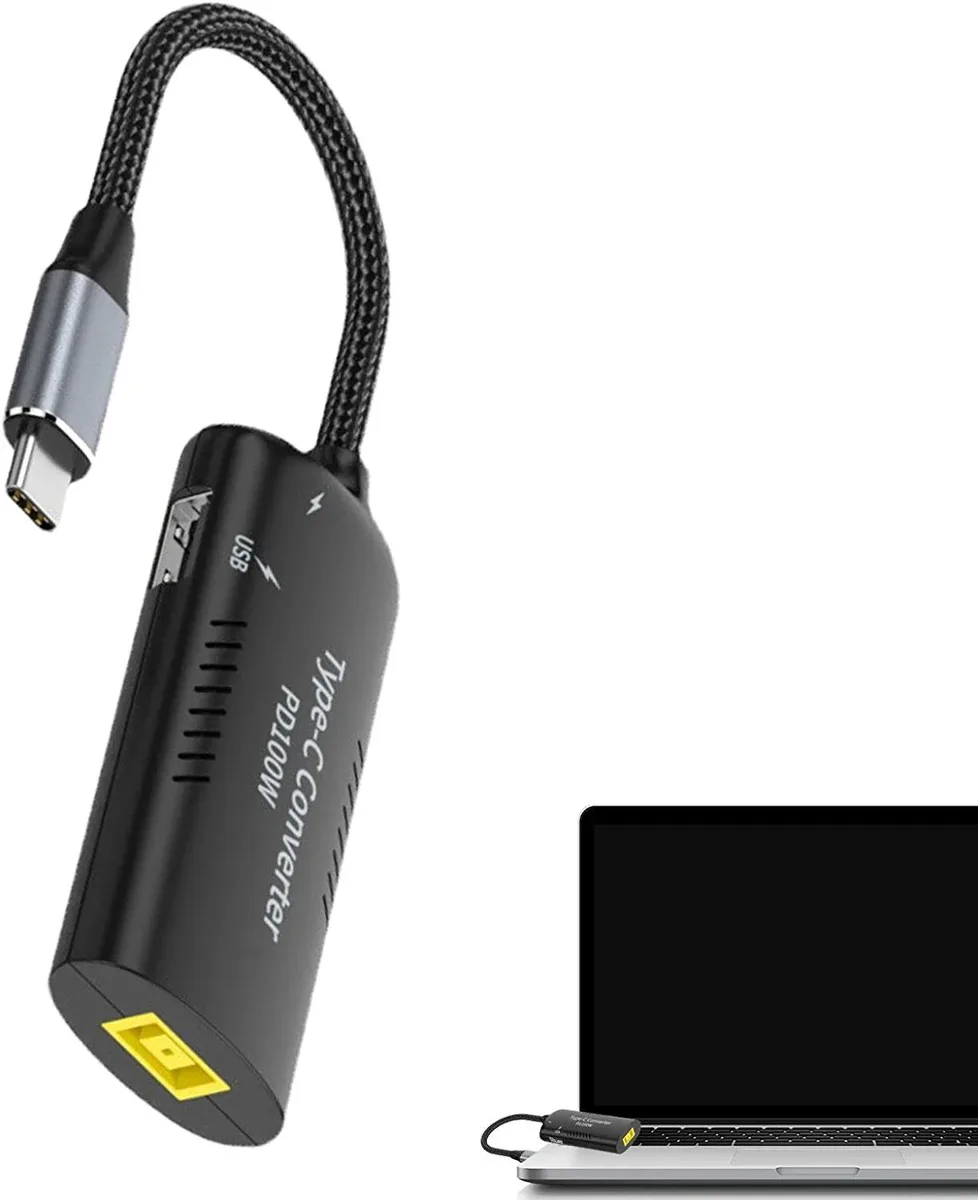 Black braided nylon cable with USB-C plug and slim rectangular DC tip