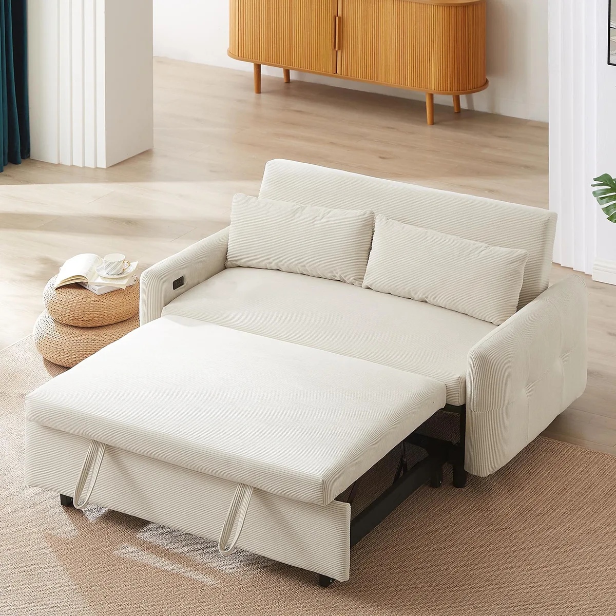Beige corduroy two-seat loveseat with pull-out bed and USB ports