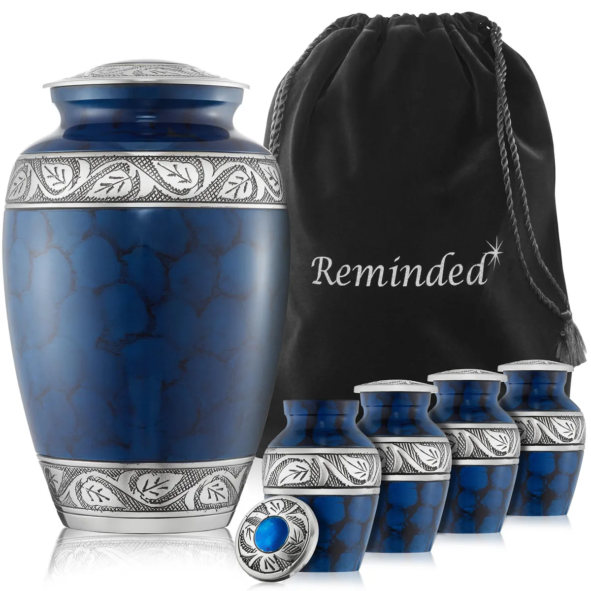 Reminded Reminded Etched Cremation Urn Set 5pc Blue 1 Adult 4 Keepsake — product photo