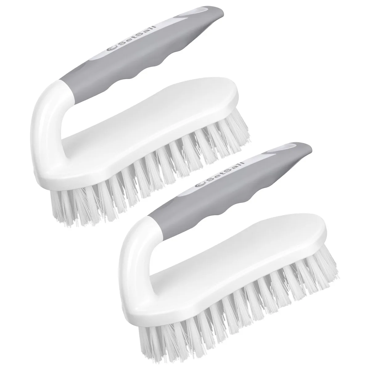 Two grey rectangular scrub brushes with stiff bristles and TPR handles