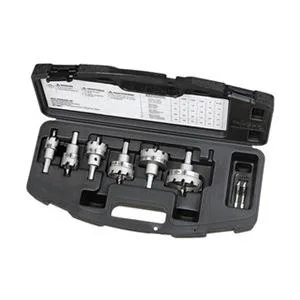 Four-piece Ideal hole cutter set with three carbide-tipped cutters and pilot drill