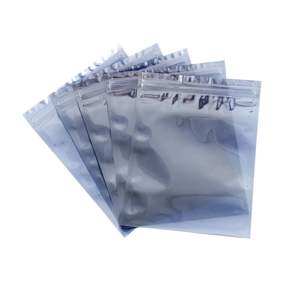Stack of fifty silver-grey antistatic zip-lock bags, semi-transparent, 15 by 20 cm