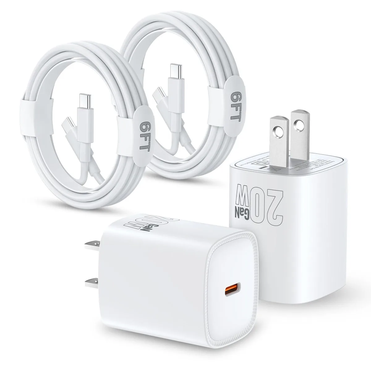 Two white USB-C wall chargers and a long white USB-C to USB-C cable