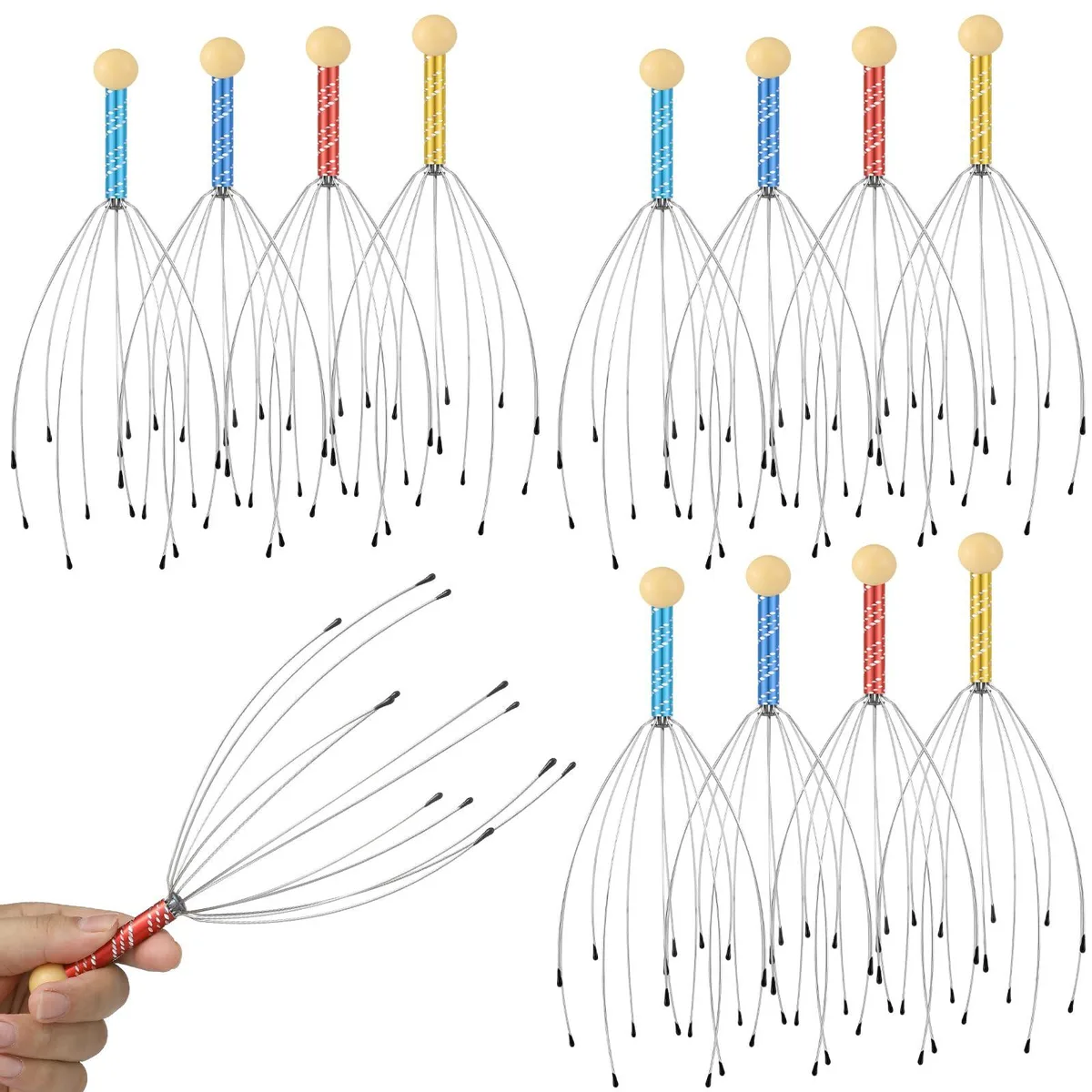 Handheld scalp massager with flexible steel wire tentacles, rubber beads and wooden handle, 23.5 cm long