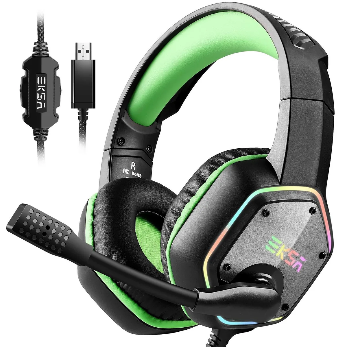  EKSA E1000USG Green USB Wired Gaming Headset 50mm 7.1 Surround Active Noise Cancelling Mic RGB — product photo