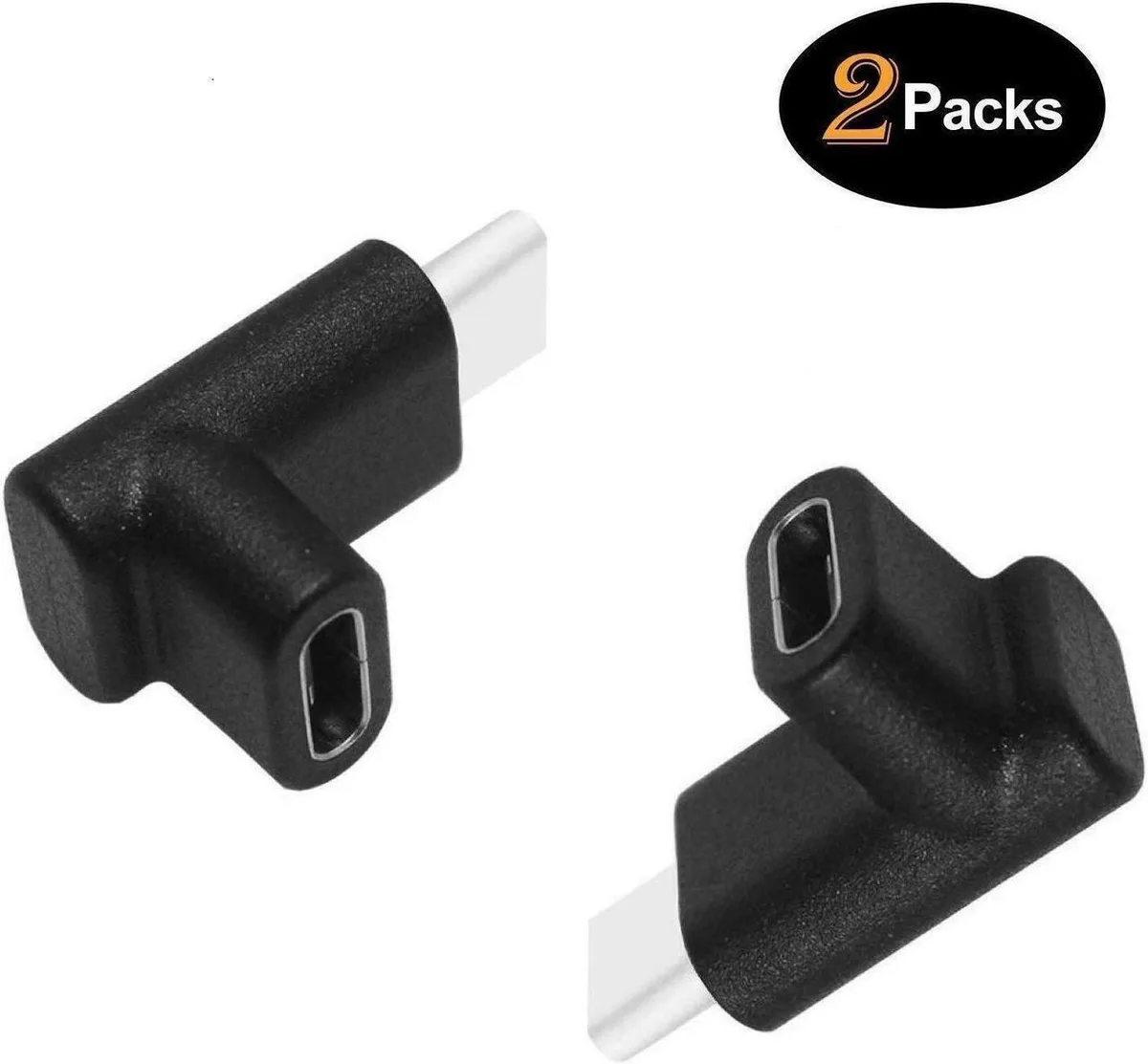 Two small USB-C right-angle adapters, one upward and one downward, matte black finish