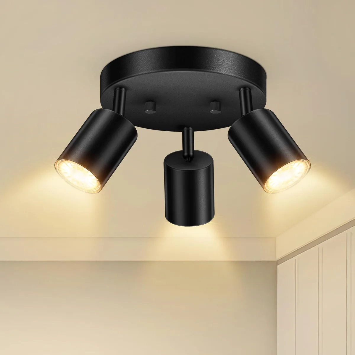 Black metal three-head track light kit, round adjustable spot heads, matte finish, flush-mount base, 13.38 inches high