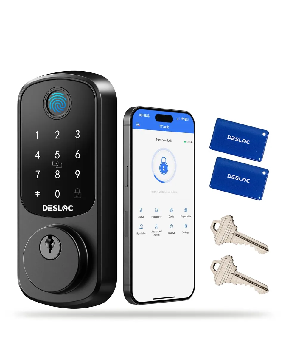 Matte black rectangular smart deadbolt with fingerprint sensor and touchscreen keypad