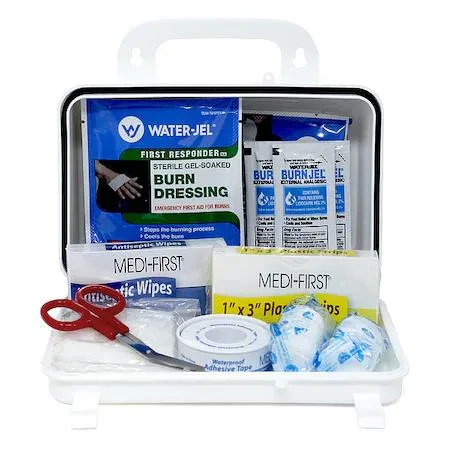 White plastic Medi First 89610 burn care kit with 138 components for two people