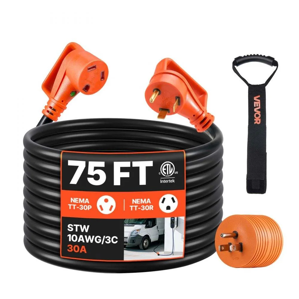 VEVOR VEVOR RV Extension Cord 75 ft 30A 125V 2500W STW 10/3 Gauge NEMA TT-30P/TT-30R LED Adapter — product photo