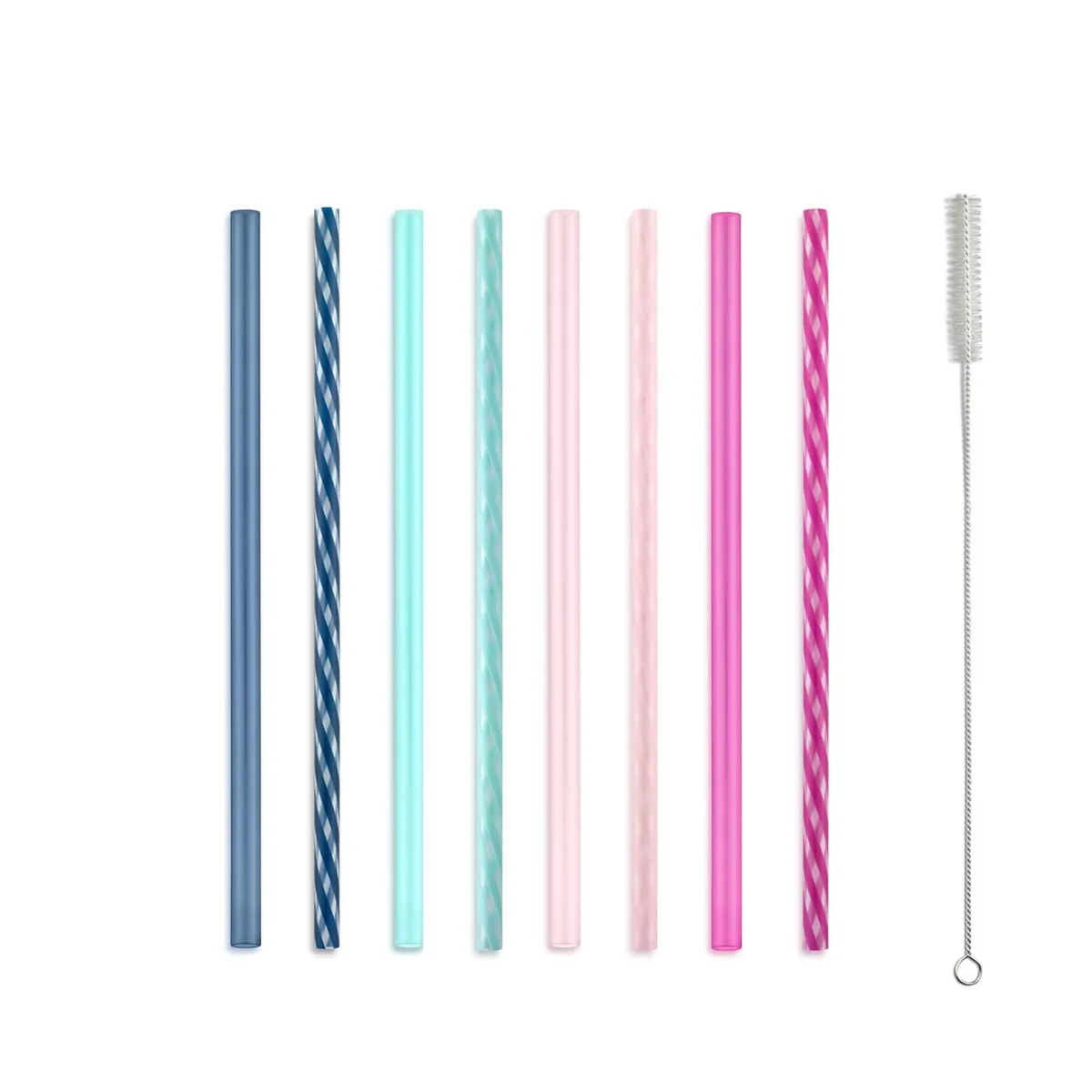 Eight rosewater plastic reusable straws with cleaning brush