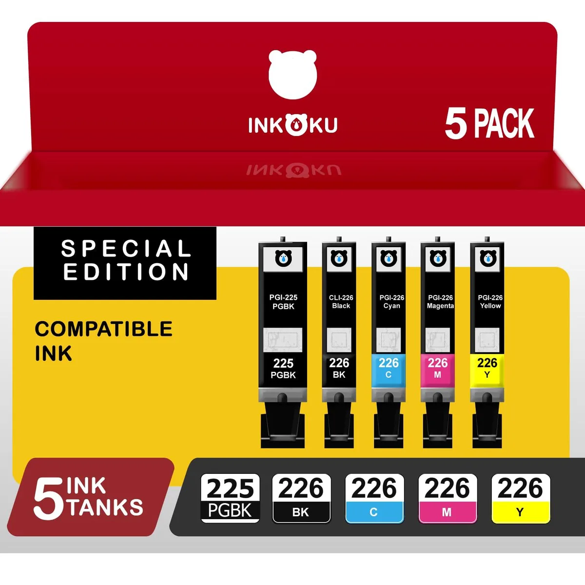 Five rectangular Canon-compatible ink cartridges in black cyan magenta yellow and pigment black
