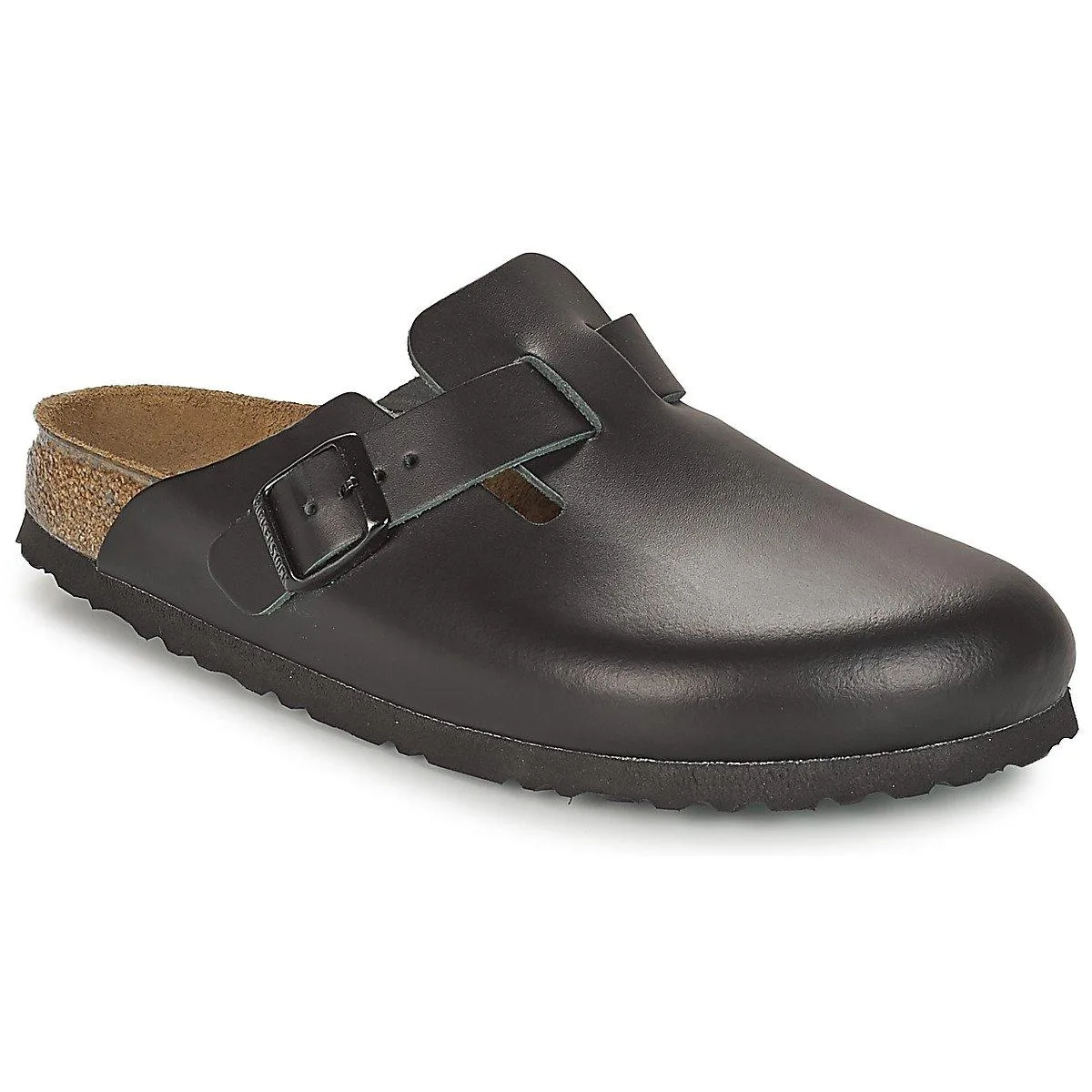 Brown oiled leather clog with adjustable metal buckle strap, cork footbed, suede lining, size 44