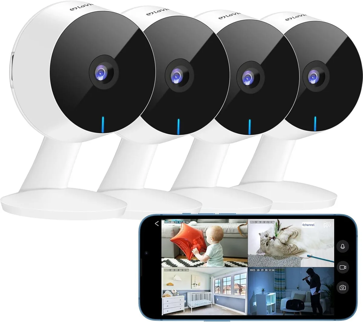 Small white indoor security camera with rounded rectangular body and adjustable base