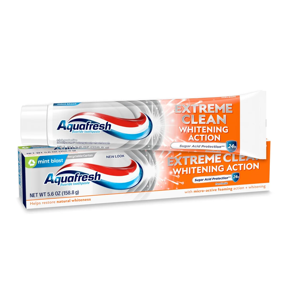 White and red striped toothpaste tube standing upright, flip-top cap, 5.6 oz size