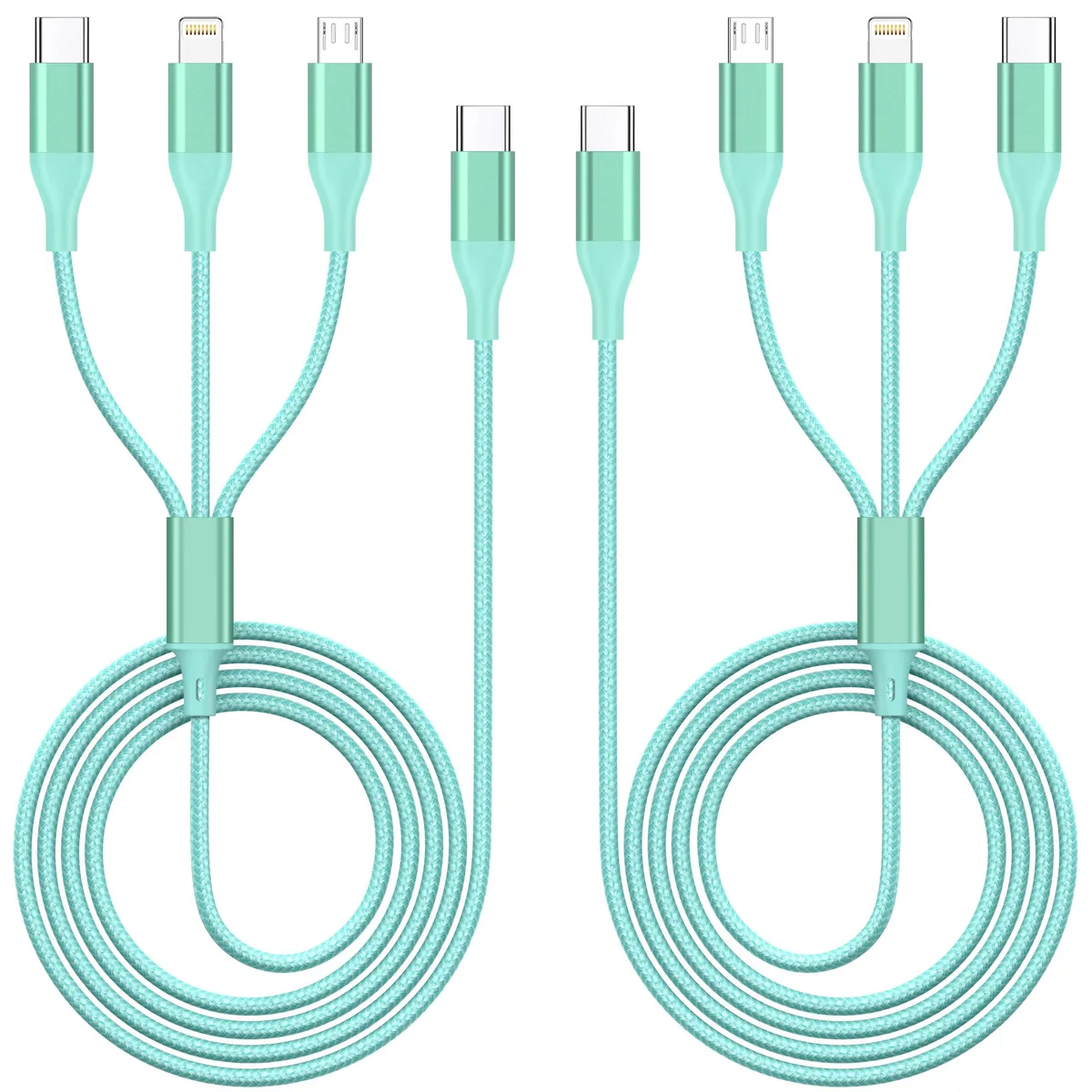 Two green 4ft USB-A cables each splitting into Lightning, USB-C and Micro-USB connectors