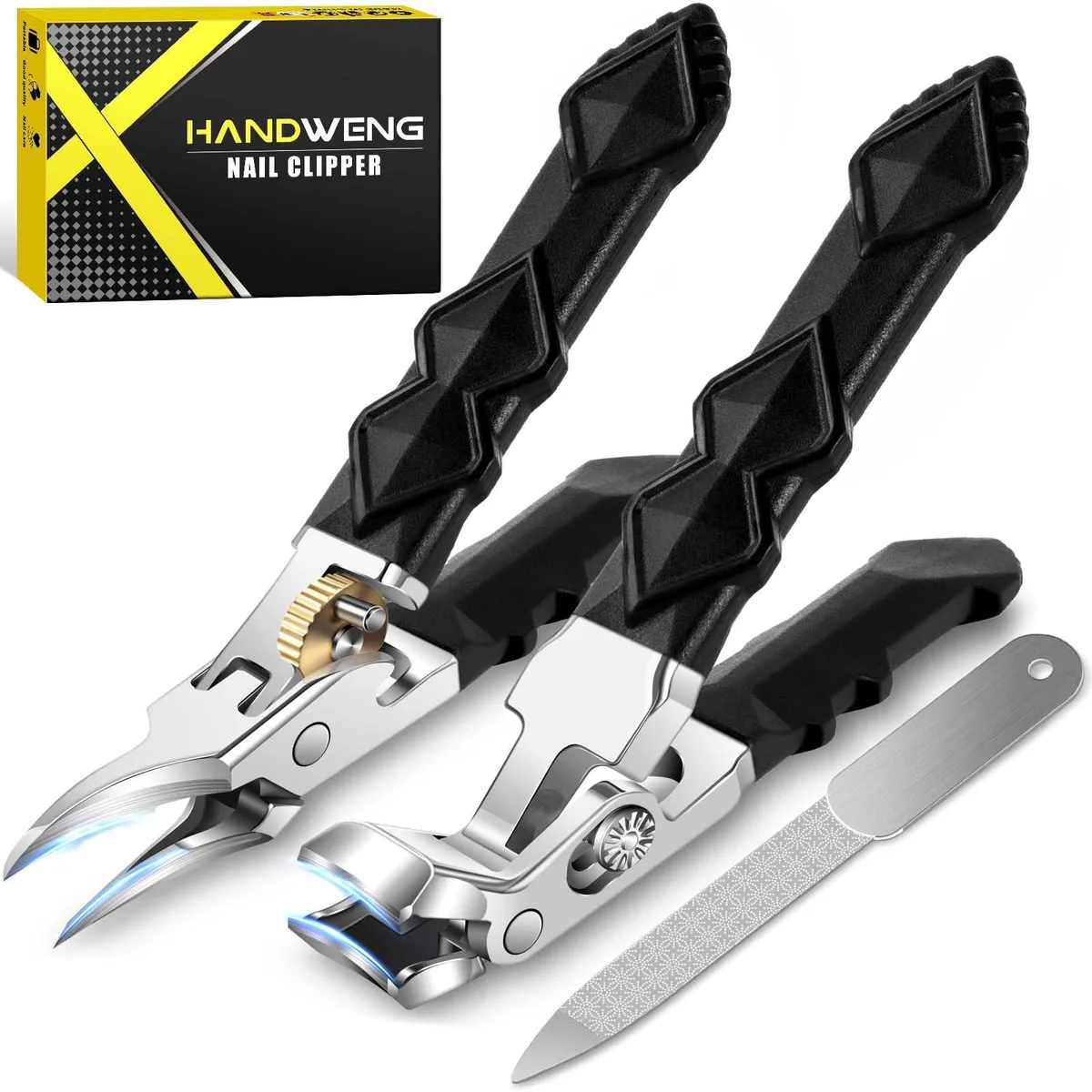 Three blue angled-head nail clippers with curved stainless steel blades and ergonomic handles