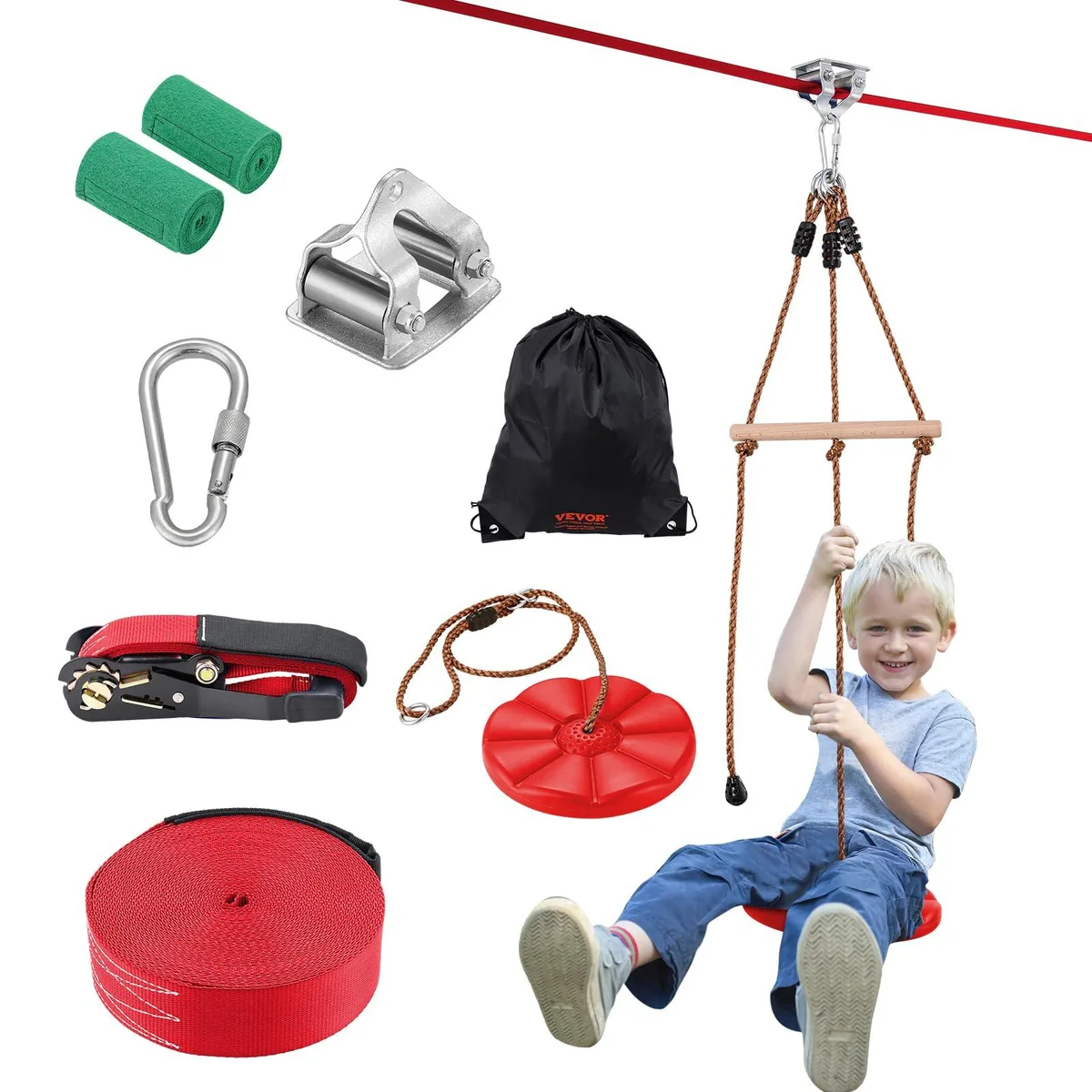 Zipline kit box with 65 ft cable and harness seat handlebar