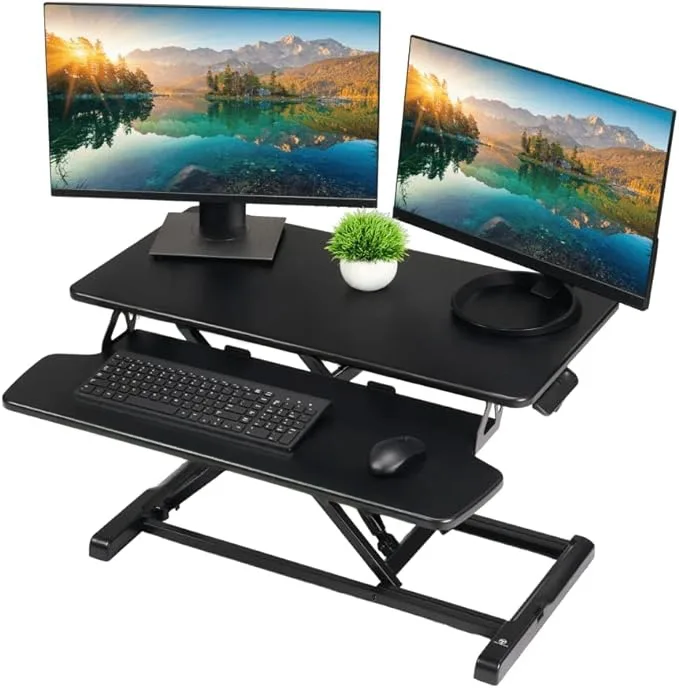 Black 36 inch standing desk converter with keyboard tray, pneumatic lift, particle board top, aluminum frame