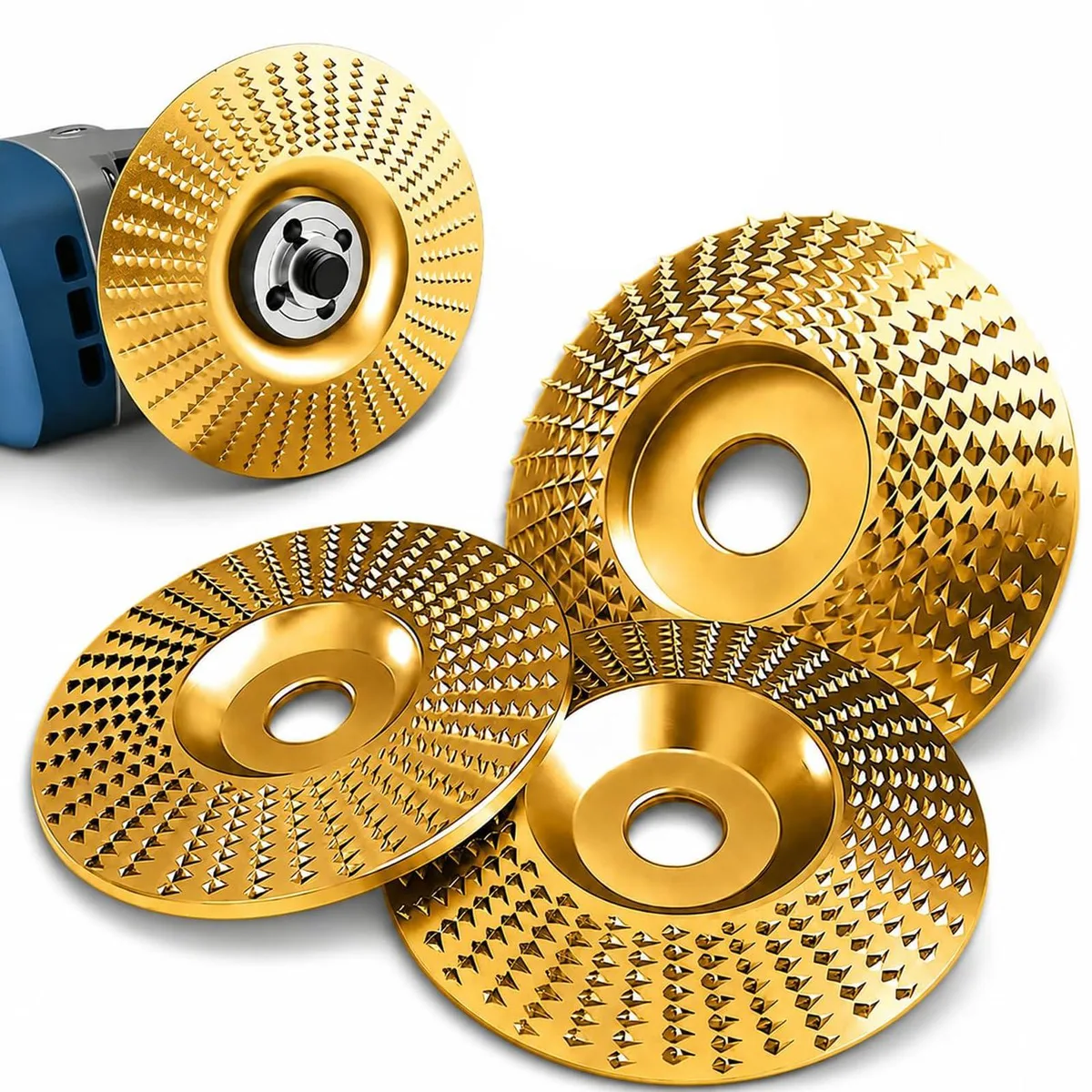 Three carbon steel shaping wheels, flat curved and inclined profiles, silver metal finish