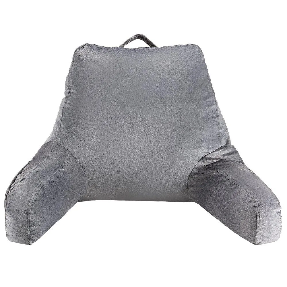 Grey velvet reading pillow with shredded memory foam, three pockets and top handle, 15 x 18 x 10 in