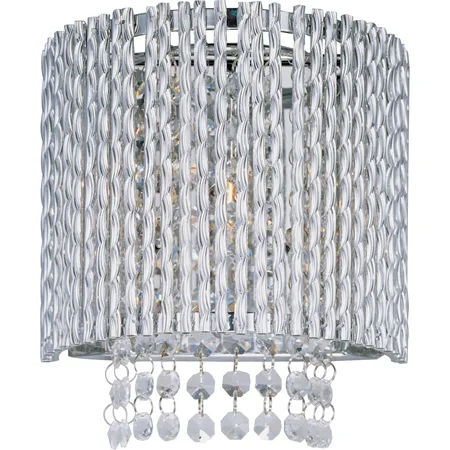 Polished chrome spiral wall sconce with K9 crystal beads, 7.5 inches wide